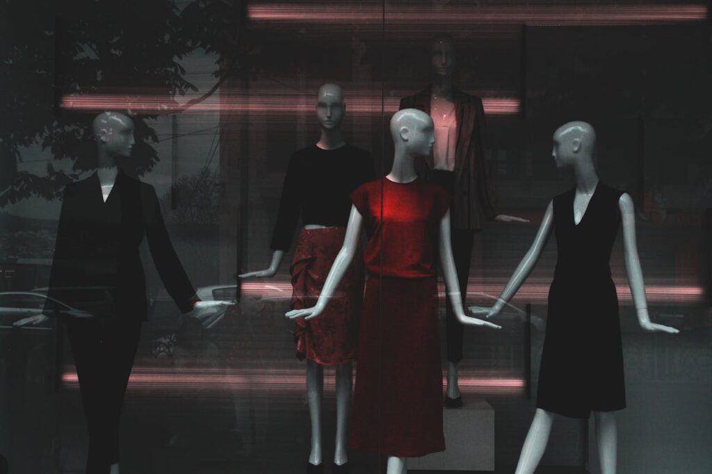 A group of mannequins in fashionable clothing displayed in a store window.