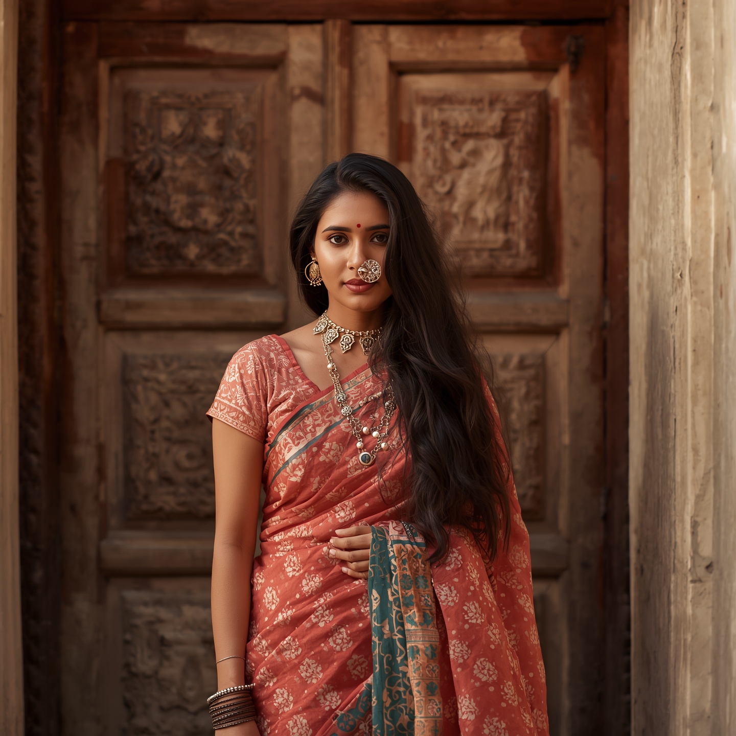Traditional Indian woman in elegant block print saree.