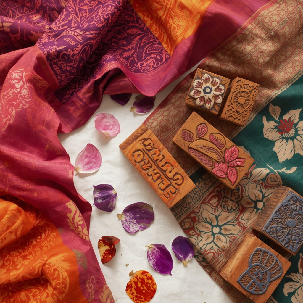 Lucid_Origin_Flat_lay_of_a_vibrant_block_print_saree_with_carv_0